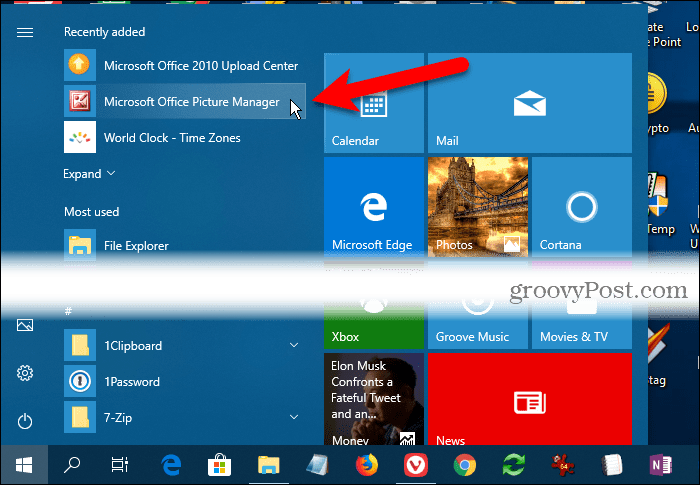 Microsoft Office Picture Manager under Nylig lagt til på Windows 10 Start-menyen