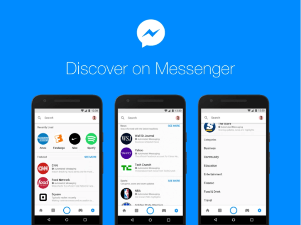 Facebooks nye Discover-knutepunkt innen Messenger-plattformen gjør det mulig for folk å bla og finne roboter og bedrifter i Messenger.