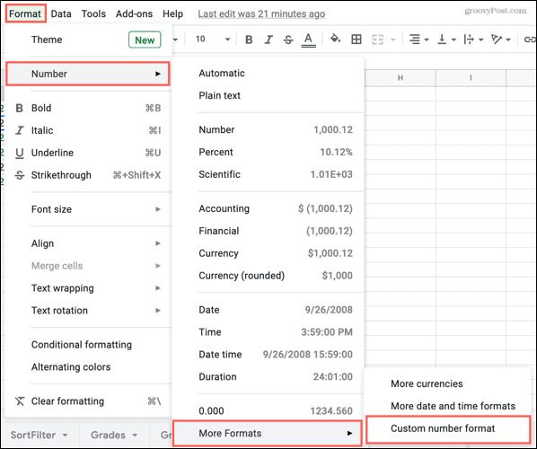 Format, tall, flere formater, tilpasset nummerformat i Google Sheets