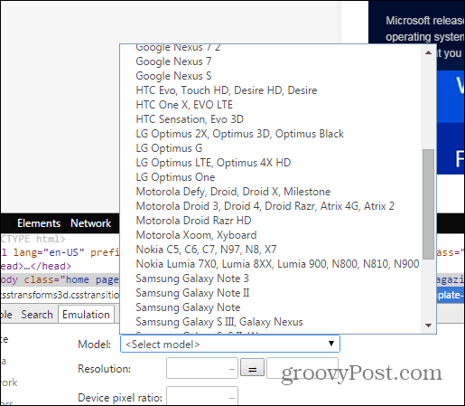 Chrome utviklerverktøy emulasjonssensorer enhet velger