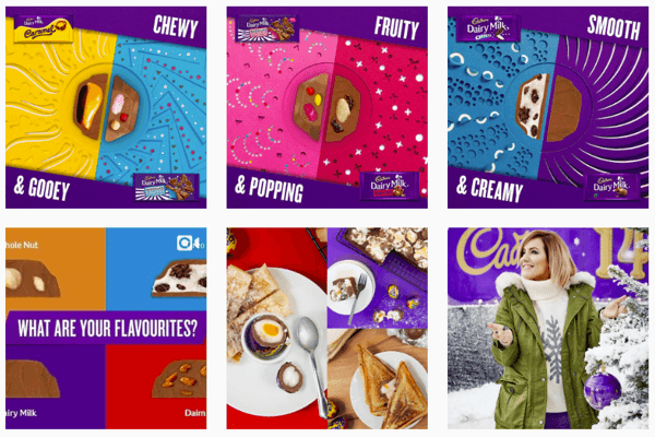 Instagram-feeden til Cadbury fokuserer på deres ikoniske lilla farge.