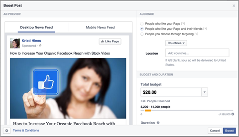 facebook bok boost post-knappen konfigurasjon