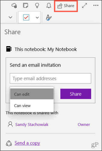 Del en notatbok i OneNote for Windows 10