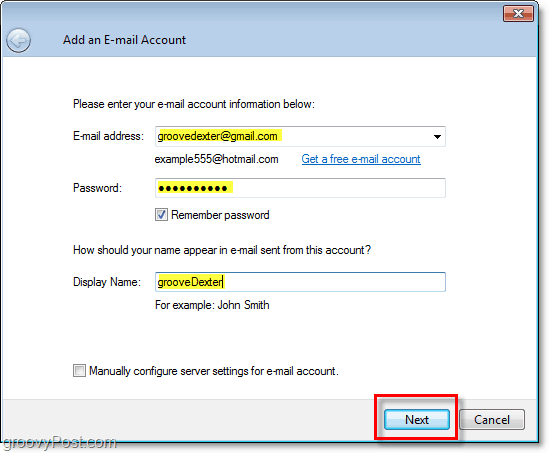 legg inn legitimasjon for e-postkonto i Windows Live Mail