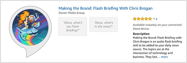 Chris Brogans Alexa-flash briefing for Making the Brand viser en karikatur av Chris som kjører på en hai og holder en flamme. I bakgrunnen er det en regnbue.