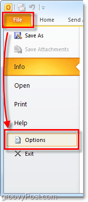 åpne opp alternativer for Outlook 2010