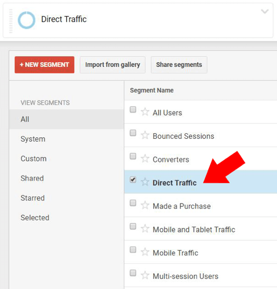 Under Oversikt i Google Analytics velger du Direkte trafikk og sørger for at ingen andre segmentnavn er valgt.