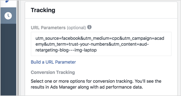 I Ads Manager legger du til sporingsparametrene dine (alt etter spørsmålstegnet) i URL-parameterne-boksen.