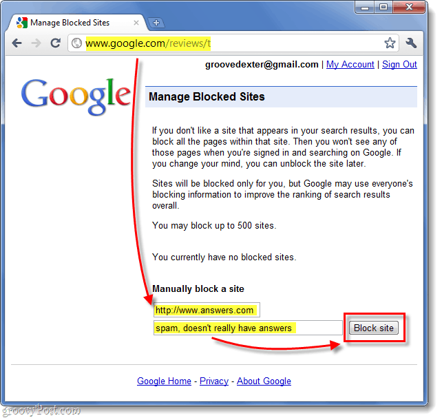 manuelt blokkerer et nettsted fra Googles søkeresultater 