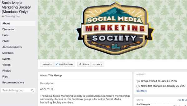 Hvordan bruke Facebook Groups-funksjoner, eksempel på Facebook-gruppeside for Social Media Marketing Society