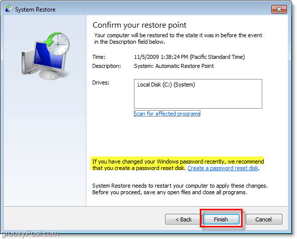 hvordan du kan bekrefte at du gjenoppretter Windows 7 med et gjenopprettingspunkt og oppretter en disk for tilbakestilling av passord
