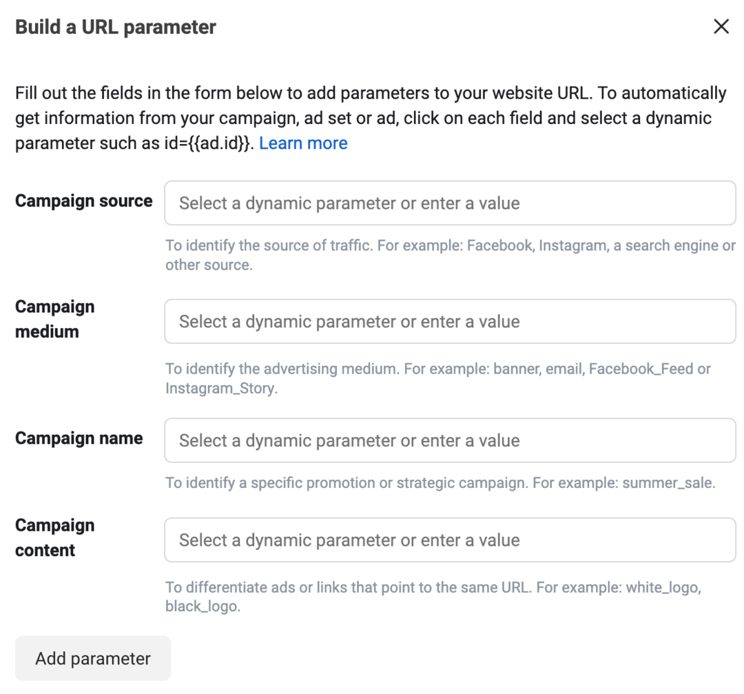 bilde av boksen Bygg en URL-parameter i Ads Manager