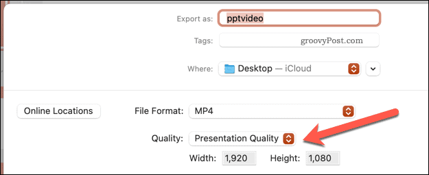 Stille inn eksportvideokvaliteten for videoer i PowerPoint på Mac