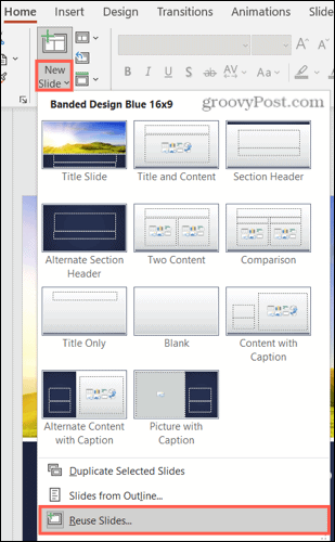 Nytt lysbilde, gjenbruk lysbilder i PowerPoint på Windows