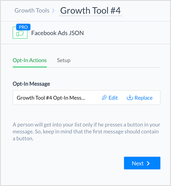 Molly Pittman sier at ManyChat Facebook Ads JSON Growth Tool lar deg koble en Facebook-annonse til chatboten din.