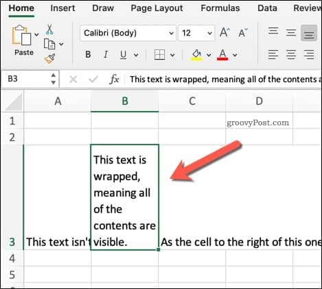 Eksempel på innpakket tekst i Excel