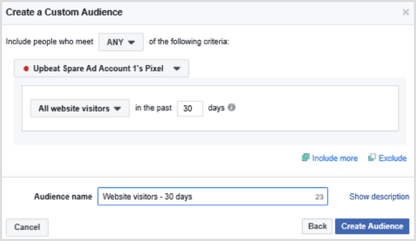 Velg alternativer for å sette opp et Facebook-tilpasset publikum for alle besøkende på nettet de siste 30 dagene