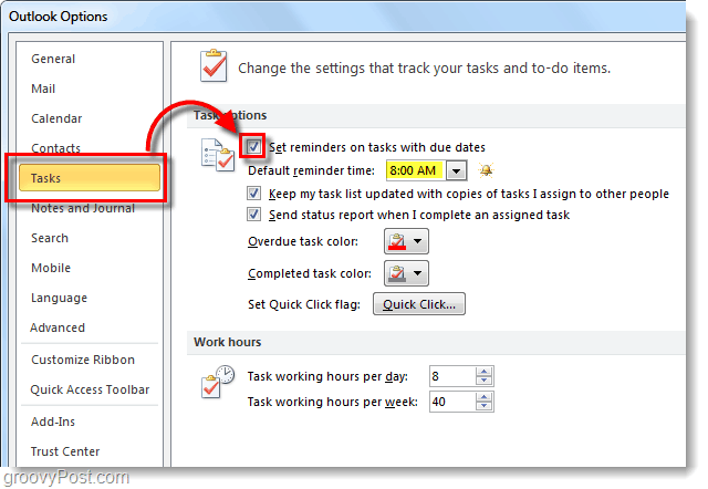 Slik konfigurerer du standard oppgavepåminnelser for Outlook 2010