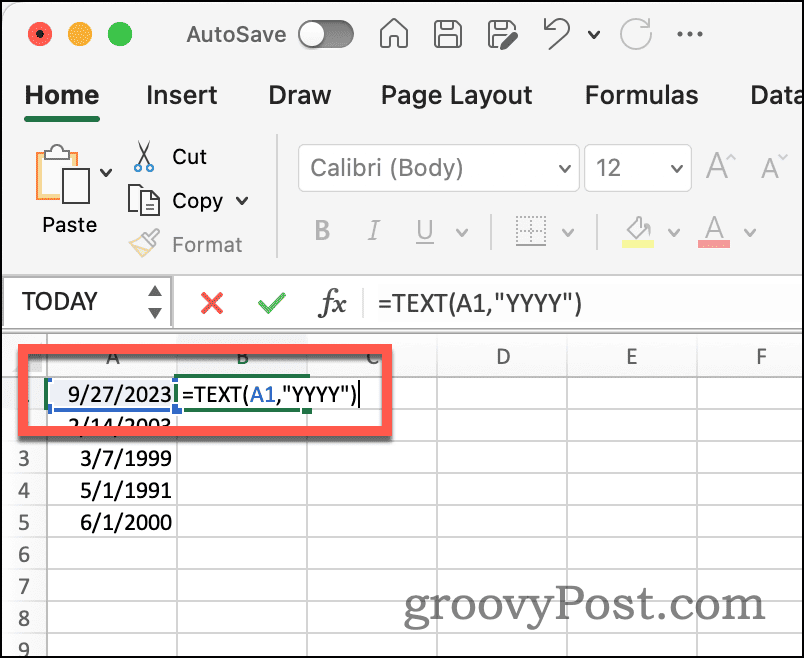 Excel-tekstfunksjon for å trekke ut år fra dato