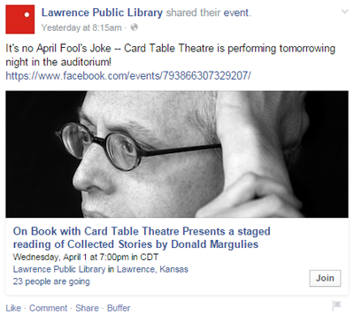 Lawrence offentlige bibliotek begivenhet facebook innlegg
