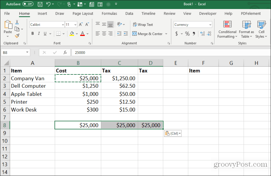 kopier en celle til mange i Excel