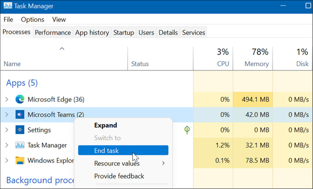 avslutte microsoft teams oppgavebehandler