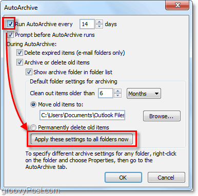 aktiver autoarchive for alle Outlook 2010-e-postmeldinger