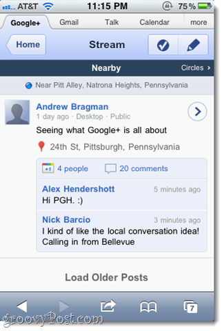 Google+ iPhone Web App-skjermbilde tur