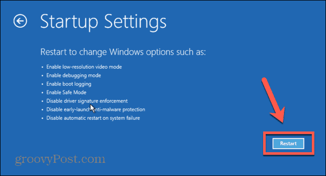 Windows 11 oppstartsinnstillinger starter på nytt