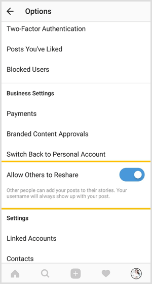 Trykk på Tillat andre å dele alternativet for å deaktivere deling for dine offentlige Instagram-innlegg.