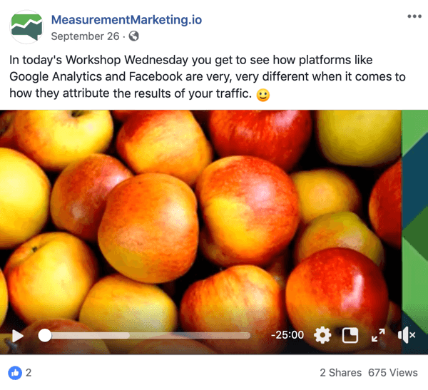 Dette er et skjermbilde av et Facebook-innlegg fra MeasurementMarking.io-siden. Innlegget viser også en video som promoterer Chris Mercers Workshop Wednesday's lead magnet. Brukere som ser eller klikker på videoen, kan ha fullført et bevissthetsmål.