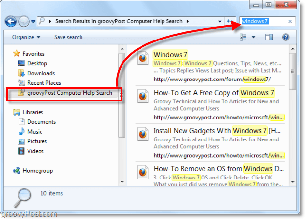 Bruk en søkekontakt for favorittlisten din for å søke på et eksternt sted i Windows 7 som ikke er en del av systemet ditt