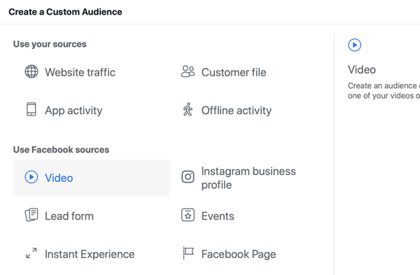 Hvordan markedsføre live-arrangementet ditt på Facebook, trinn 8, opprett tilpasset publikum i Facebook Ads Manager basert på videovisninger