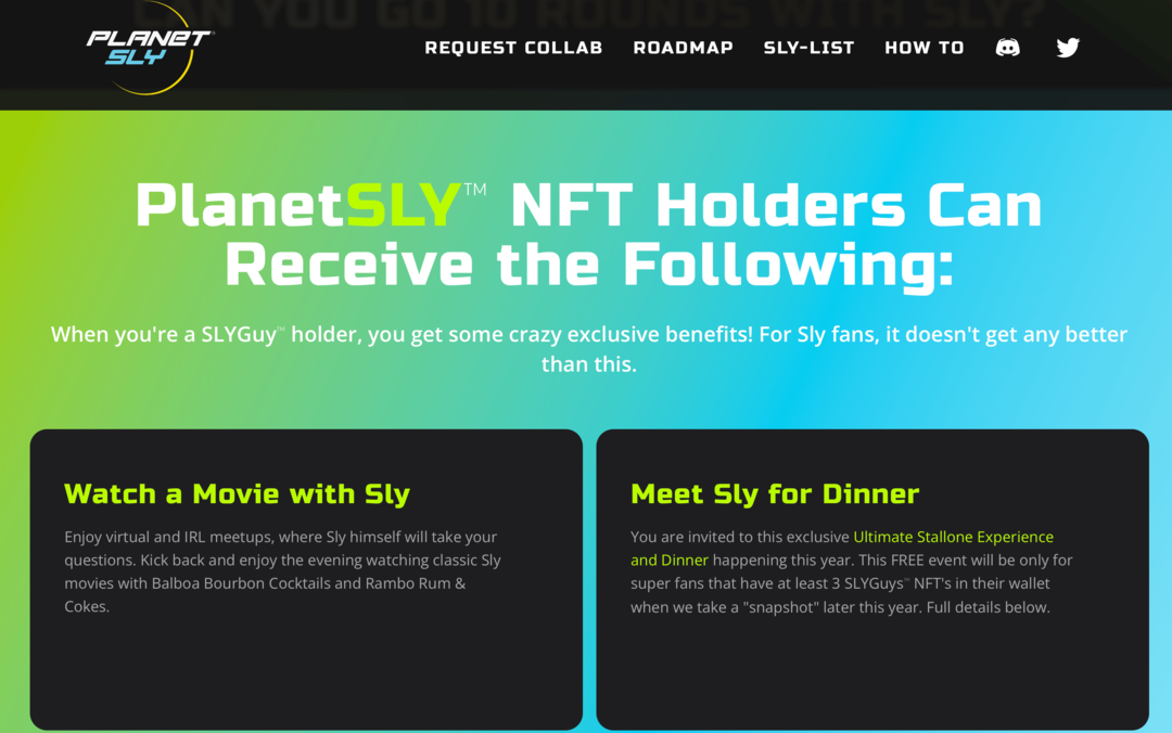 bilde av PlanetSly-nettstedet som forklarer fordelene for SLYGuy NFT-holdere
