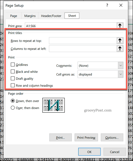 Alternativer for sideoppsett i Excel