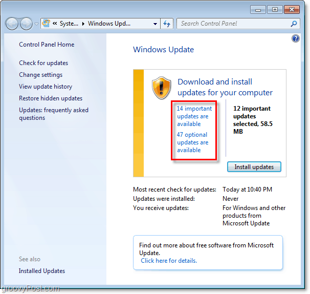 Windows 7 - Skjermbilde av Windows Update Page