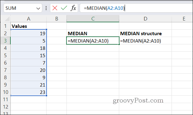 Eksempel MEDIAN-formel i Excel