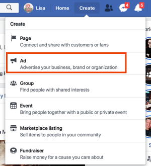 Opprett Facebook-annonser ved å klikke på Create fra Facebook-profilen din.