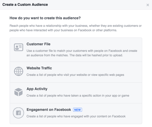 Velg hvordan du vil opprette et tilpasset publikum for Facebook.