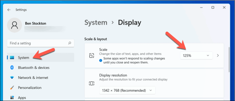 Endre skalaen på Windows 11