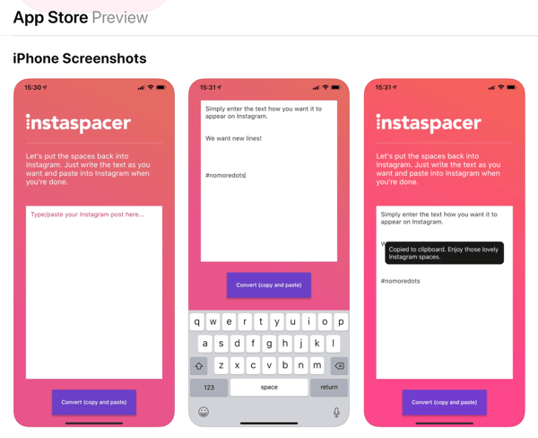 Instaspacer-app for bildetekster på Instagram