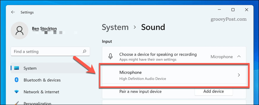 Åpne mikrofonenheten i Windows 11 lydinnstillinger