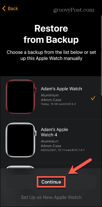 Apple Watch velger backup