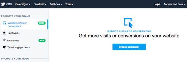 Velg alternativet Nettstedsklikk eller -konverteringer for å konfigurere Twitter-annonsen.