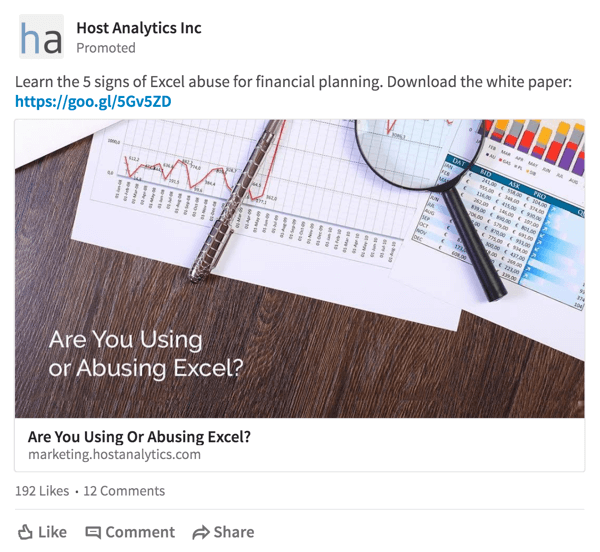 Host Analytics leverer et tilbud om nedlasting av papir til et målrettet publikum på LinkedIn.