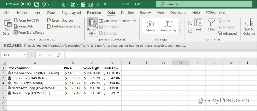 forfriskende aksjedata i Excel