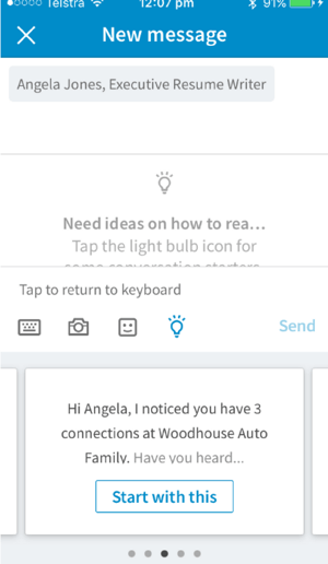 LinkedIn-mobilappen gir start på samtaler basert på forbindelsen du vil sende meldinger til.
