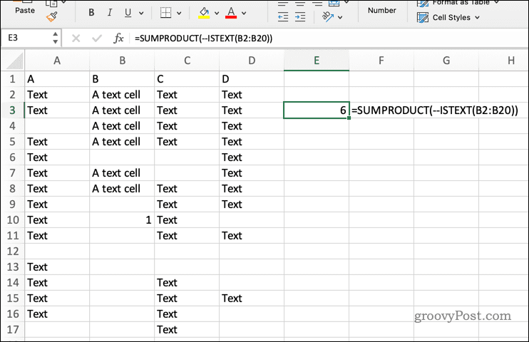 Bruke SUMPRODUCT med ISTEXT i Excel