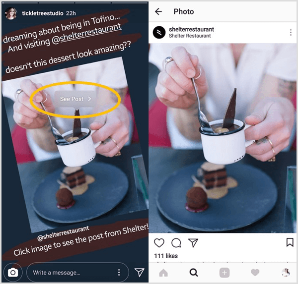 Trykk på et nytt delt Instagram-innlegg, og trykk deretter på Se innlegg-knappen for å gå direkte til det opprinnelige innlegget fra den brukeren.