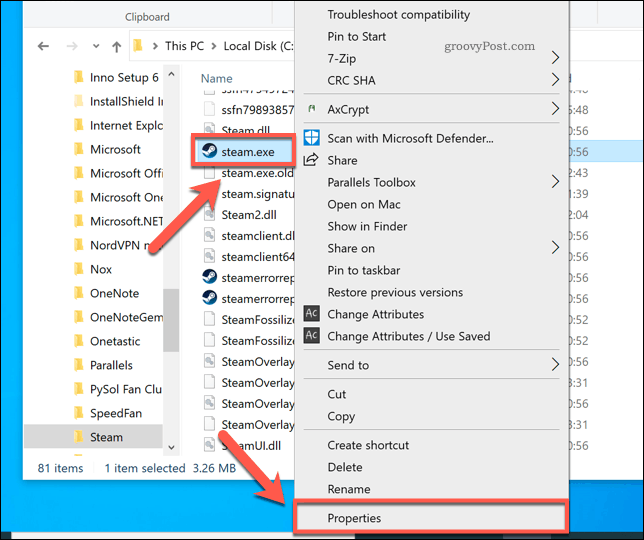 Tilgang til Steam-egenskaper i Windows File Explorer
